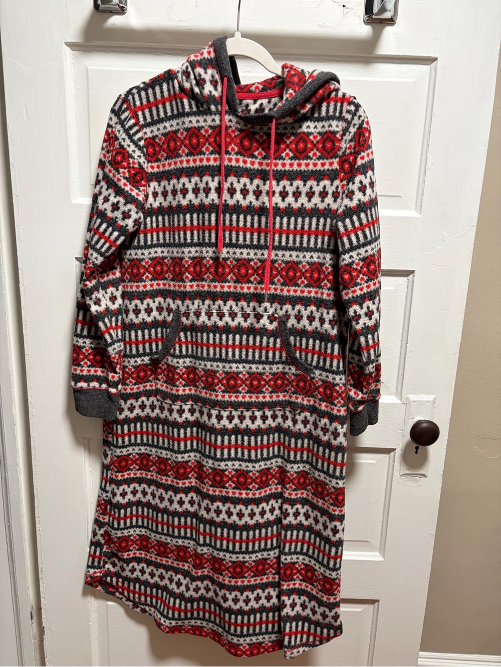 Cuddl Duds Red, White & Gray Hooded Lounge Dress